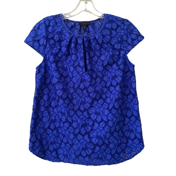 J. Crew Floral Lace Cap Sleeve Blouse Royal  Cobalt Blue Top Blouse - Picture 1 of 7